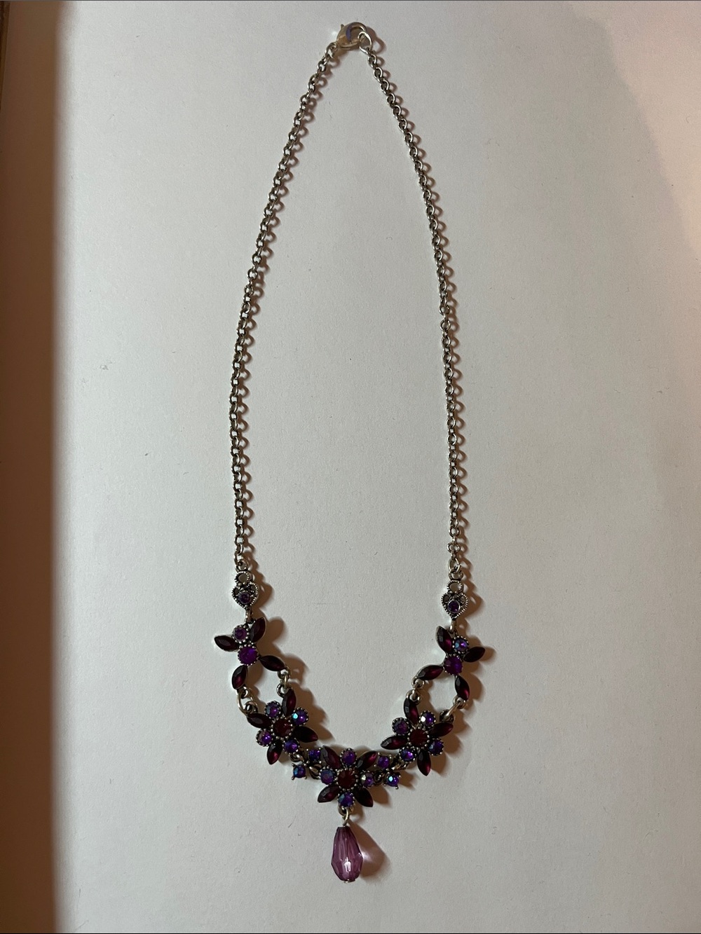 Silver tone whimsigoth purple floral crystal necklace